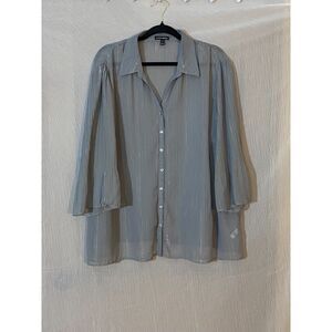 Fashion Bug Womens 1X Gray Stripe Sheer Button Front Blouse 3/4 Sleeve Plus Size